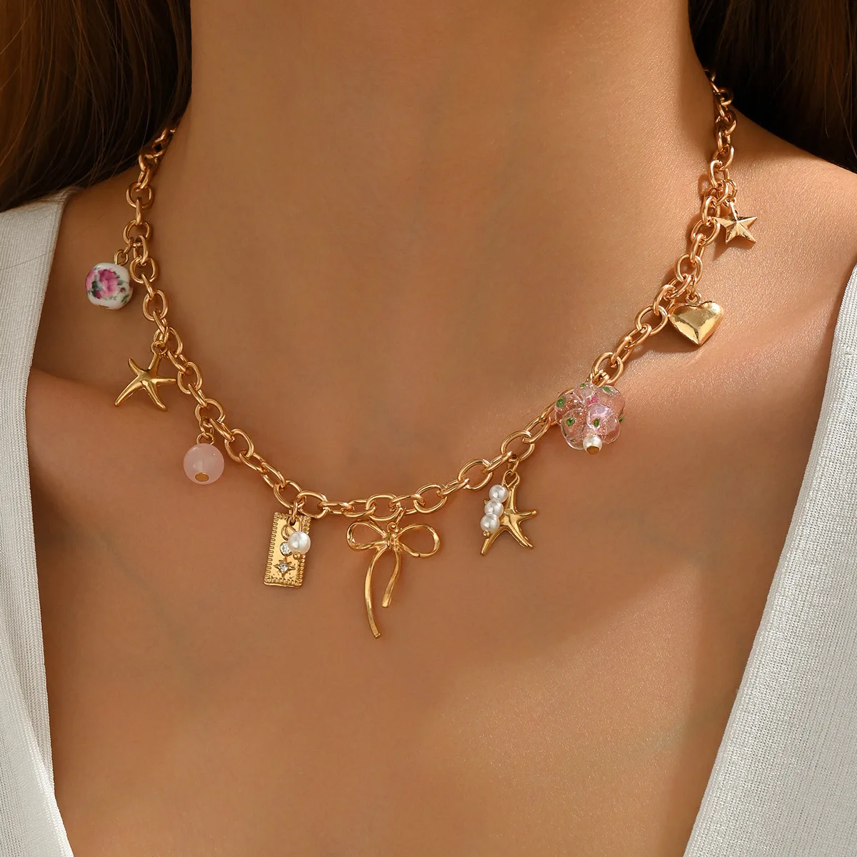 2025 قلادة على شكل قلب شريطي - مجموعة أساور من الخرز السيراميكي، مجوهرات الأزهار الأنيقة البوهيمية ذات الطبقات البسيطة