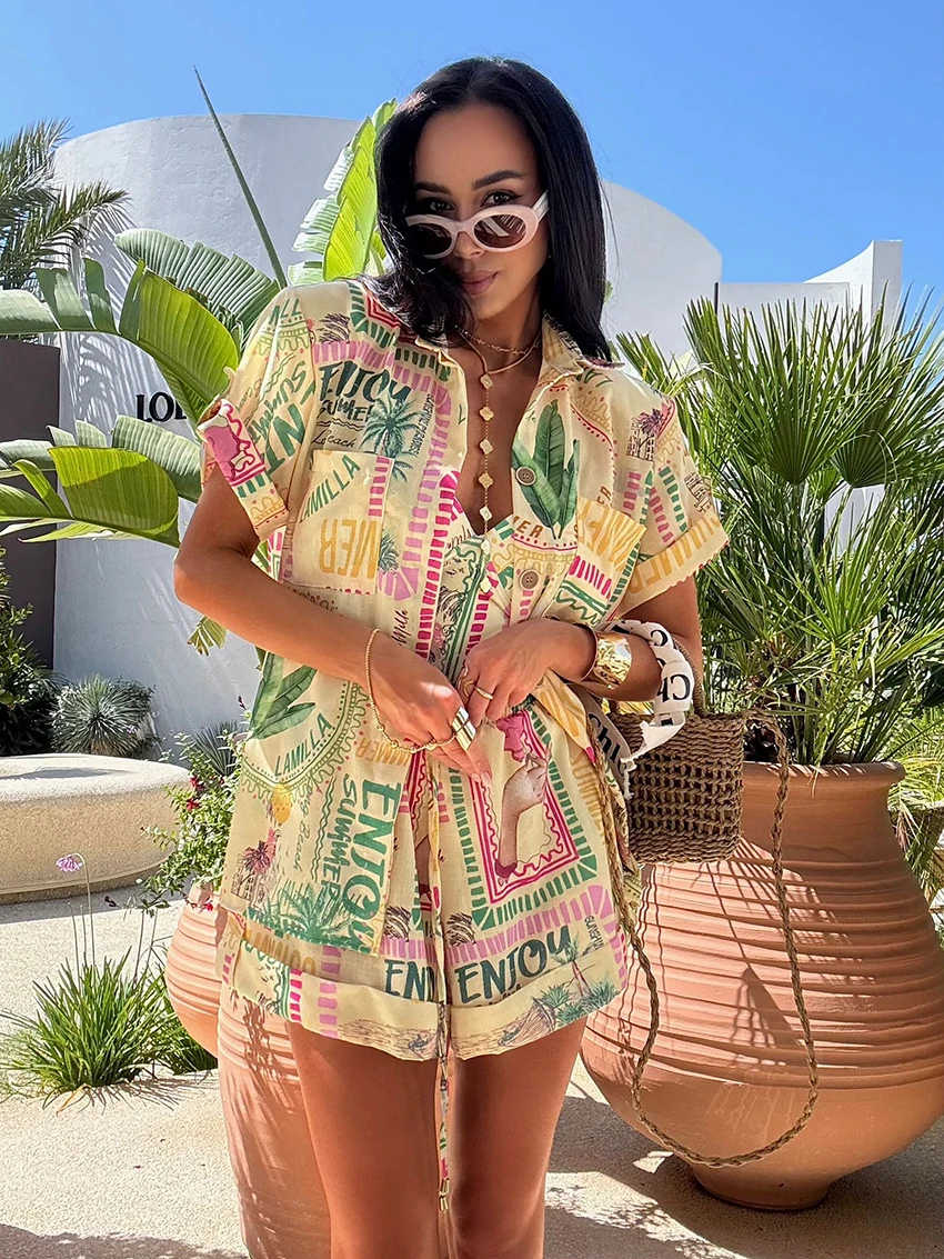 Marthaqiqi Printing Women Sleepwear Set Short Sleeve Nightgown Sexy Turn-Down Collar Nightwear Shorts Casual Pajama 2 Piece Suit