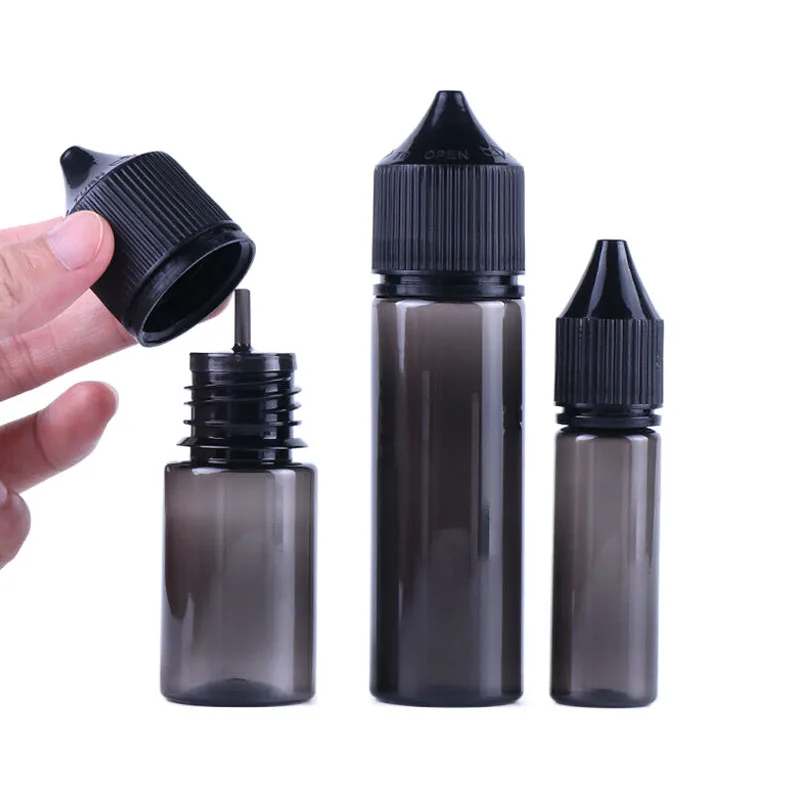 Gotero vacío de plástico PET, botellas de 10 piezas, 10ml-20ml, para aceites de agua, líquido, transparente, negro, tapa de Punta larga con embudo