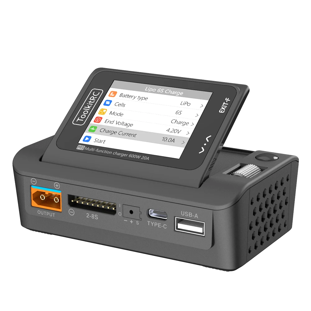 ToolkitRC M9 600W 20A USB Schnellladung DC Smart Ladegerät Einstellbarer Bildschirmwinkel mit Audiofunktion für 1-8S Lipo LiFe Akku 1S 2S 3S 4S 5S 6S 7S 8S Modell Autobatterien Schnellade Deutsch