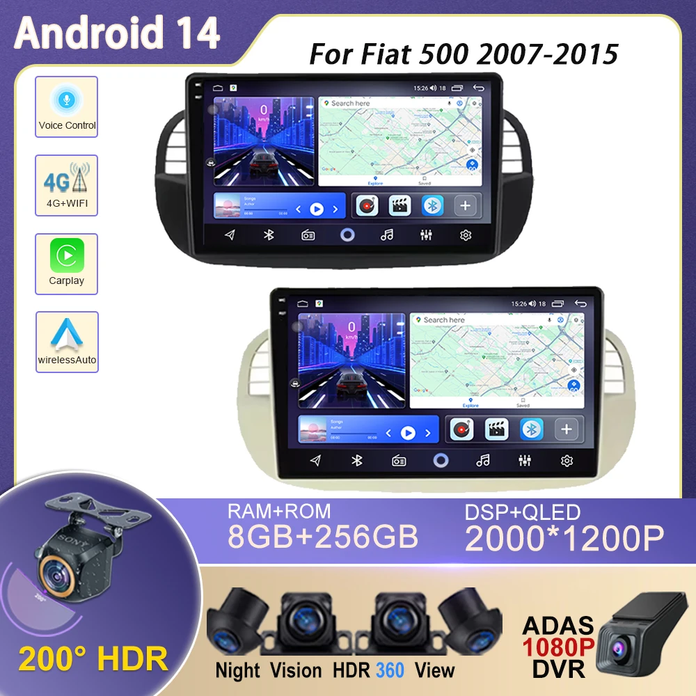 

For Fiat 500 2007-2015 Android Auto Multimedia Video Player 4G WIFI Multimedia Player Stereo 4G WIFI BT Car Radio GPS Navigation