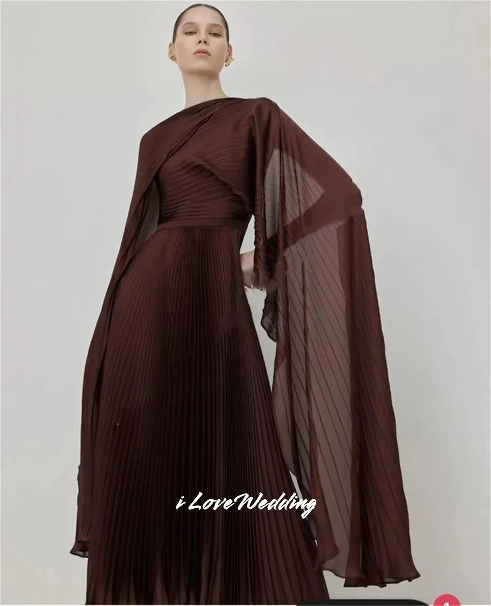 فساتين سهرة بنية بياقة عالية 2025 بأكمام طويلة شال على شكل حرف a للحفلات الراقصة بطول الشاي مطوي فساتين حفلات الزفاف حسب الطلب