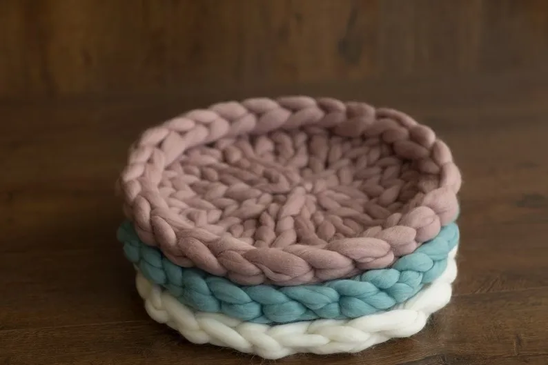 Newborn Baby Photography Merino Wool Nest Blanket Basket Filler Round Chunky Knit Blanket Newborn Braid Photoshoot Mat