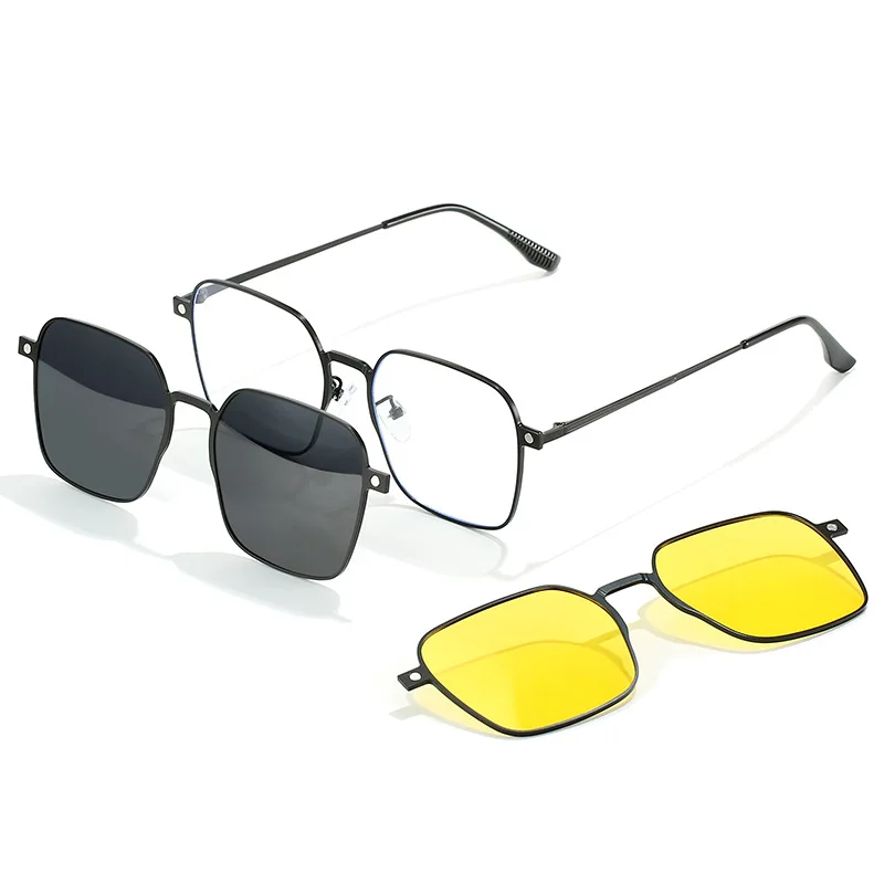 

3 In 1 Metal Style Magnet Clip On Glasses Frame Trend Polarized Sunglasses For Men Optical Computer Glasses Night Vision Clips