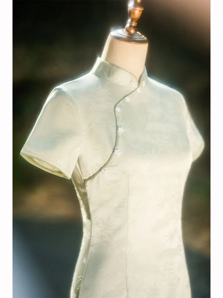 

Летнее платье в стиле ретро для молодых девушек: повседневное, элегантное, с высоким разрезом, улучшенный винтажный дизайн, короткий рукав