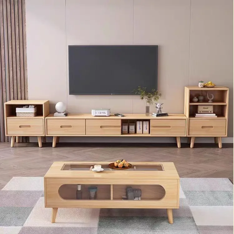 

Nordic rubber wood solid wood TV cabinet household living room sliding door coffee table TV cabinet combination