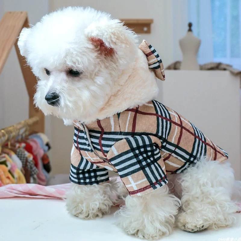 1PC pet clothing winter velvet thick bow coffee plaid cotton jacket suitable for small and medium-sized dogs