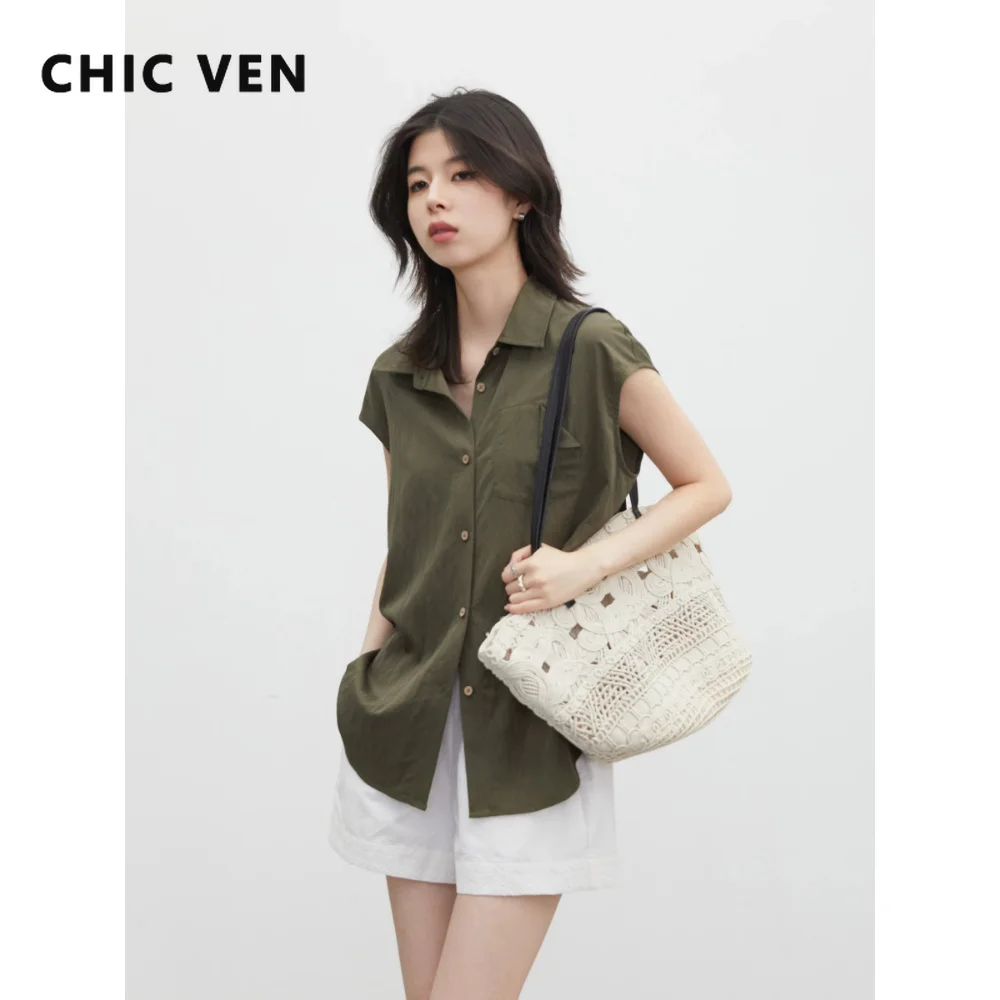 CHIC VEN Nouvelle Chemise Femme Tendance Unie Ample Décontractée à Col Revers Simple Boutonnage Manches Courtes Blouse d'Été 2026