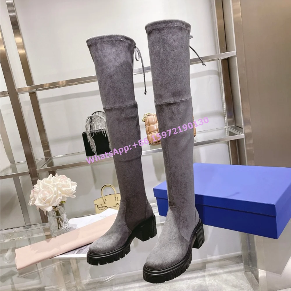 

Suede Thick Soled Long Boots Round Toe Square Heels Platform Black Gray Lace Up Over The Knee Boots Women's Winter Warm Shoes