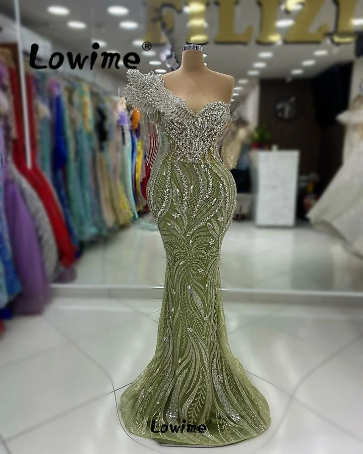 Abendkleid Luxury 2024 Dubai Sage Green Wedding Party Dress Prom Robes De Soirée Cap Sleeve Crystal Tassel Mermaid Evening Gowns