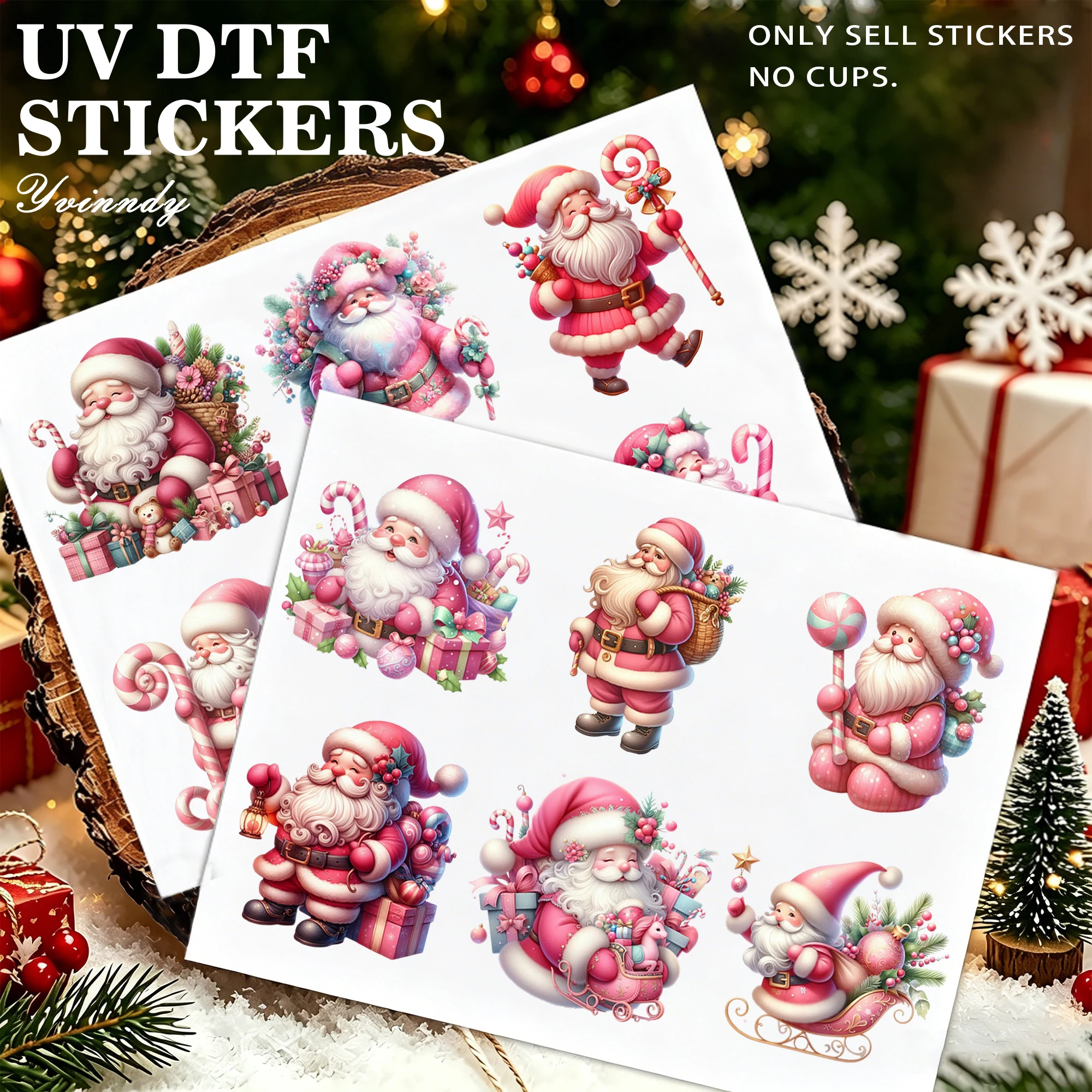 12Pcs/Set Cute Santa Claus DIY Glass Jar Packaging Stickers UV DTF High Self Adhesive Transfer Paper