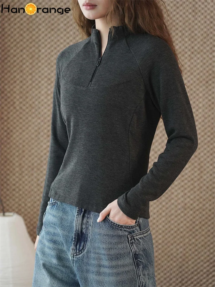 

HanOrange 2025, зимний простой облегающий шерстяной свитер с высоким воротом, женский приятный для кожи топ для похудения, черный/серый