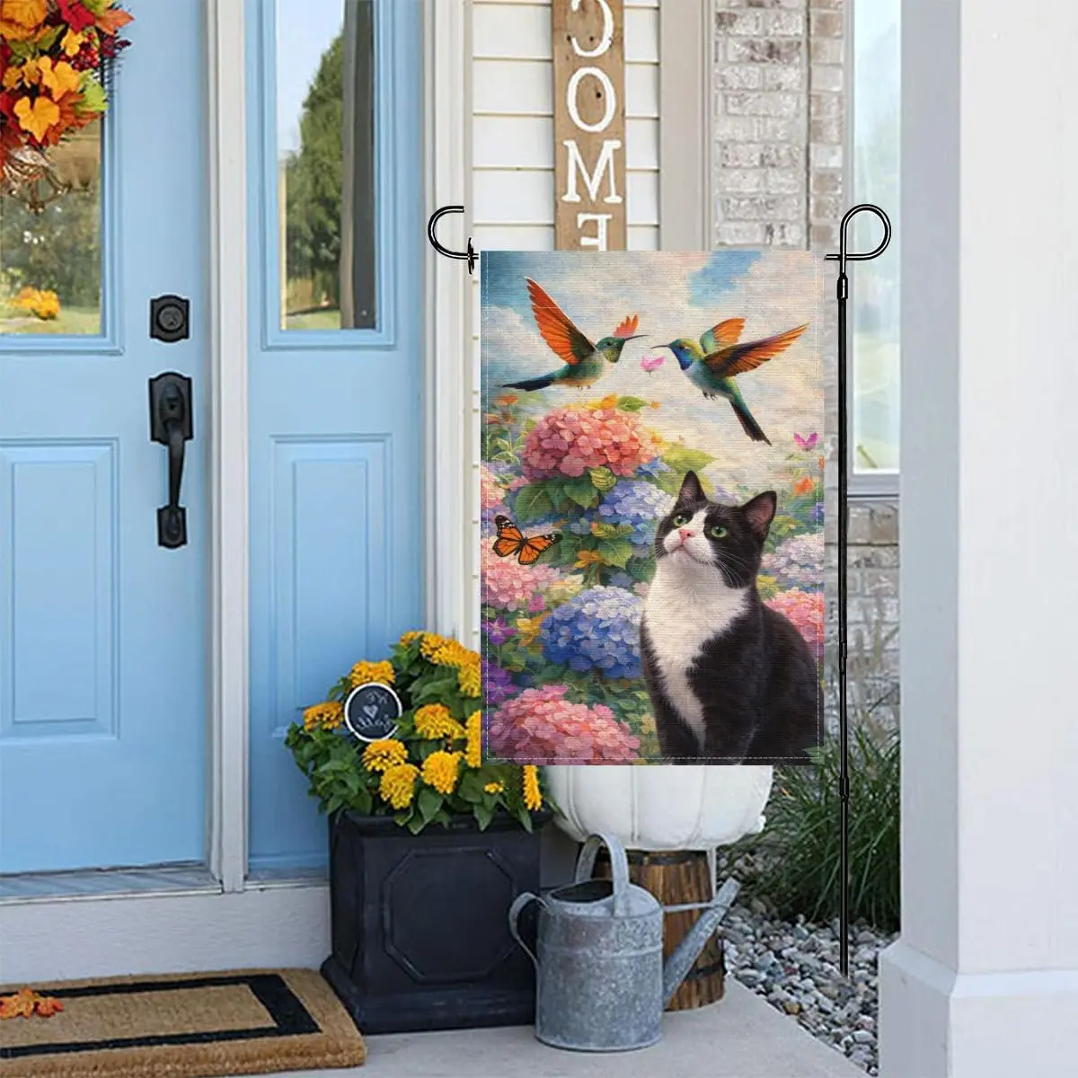 Spring and Summer Garden Flag Tuxedo Cat with Hummingbirds Hydrangea Floral Double Sided Outside Yard Decoration Small Yard jjp