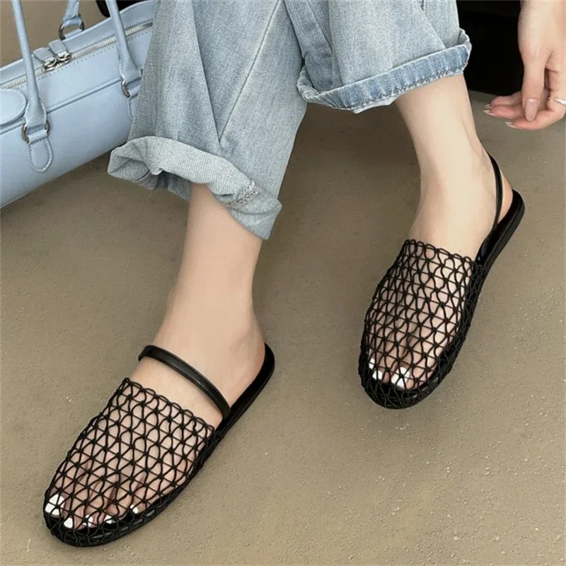 

Women's Black Hollow Out Mesh Slingback Flat Mules, Round Toe Single Strap Breathable Slip‑On Casual Daily Summer Sandals Fast