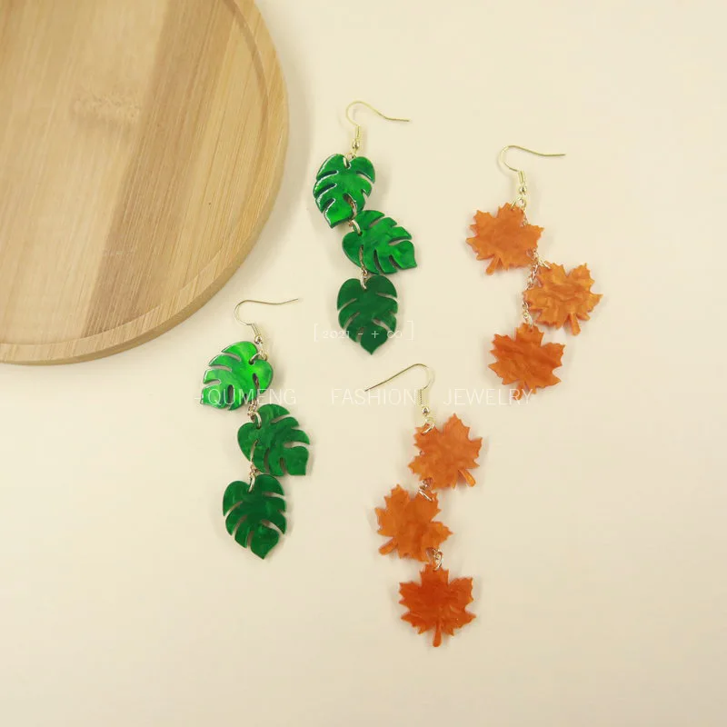 Green Tropical Palm Leaf Turtleback Leaves Drop Earrings For Women New Trendy Ear Hook Acrylic Jewelry Party Gifts