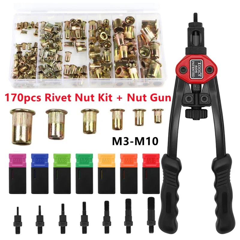 170PCS Rivet Nuts Gun Mandrel Kit M3 M4 M5 M6 M8 M10 Nut Rivet Mandrels Repairtool Rivetgun Flatheadscrew Pop Nut Rivet Gun Set