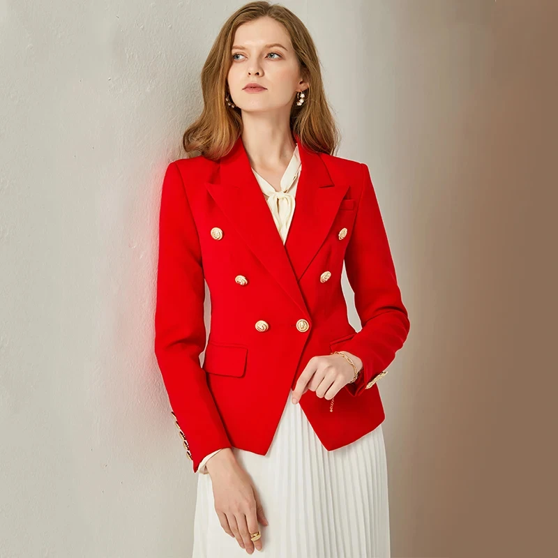 

HarleyFashion European American Women Casual Blazer Double Breasted High Quality Red Blazers