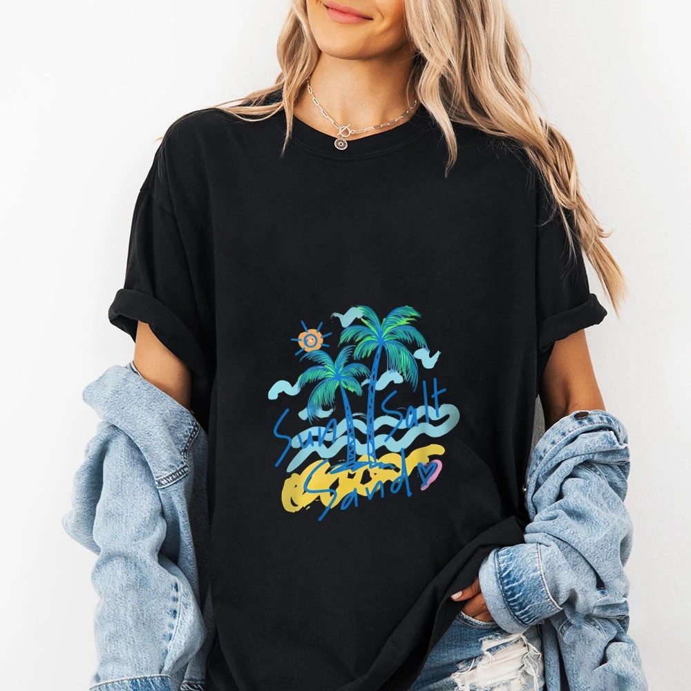 

Beach Vibes Tee Colorful Sun Palm Tree Print Casual Loose Short Sleeved Vacation Inspired Tropical Relaxing Comfortable Top