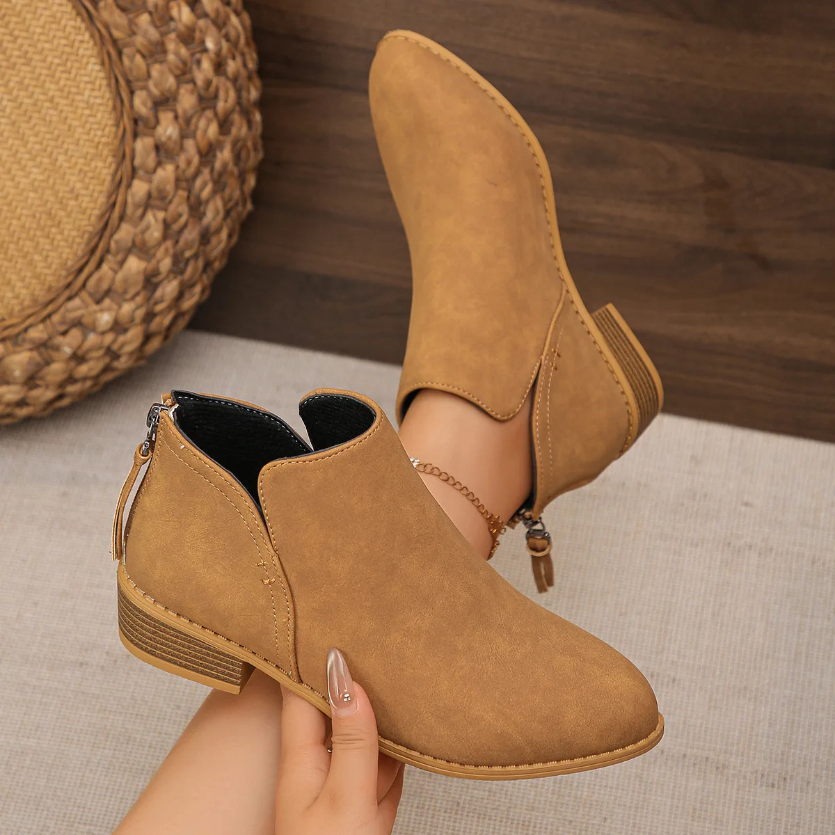 Women's Fashion Mid Heel Ankle Boots Autumn 2026 Back Zip PU Leather Short Boots Women Lightweight Non Slip Casual Botas Mujer