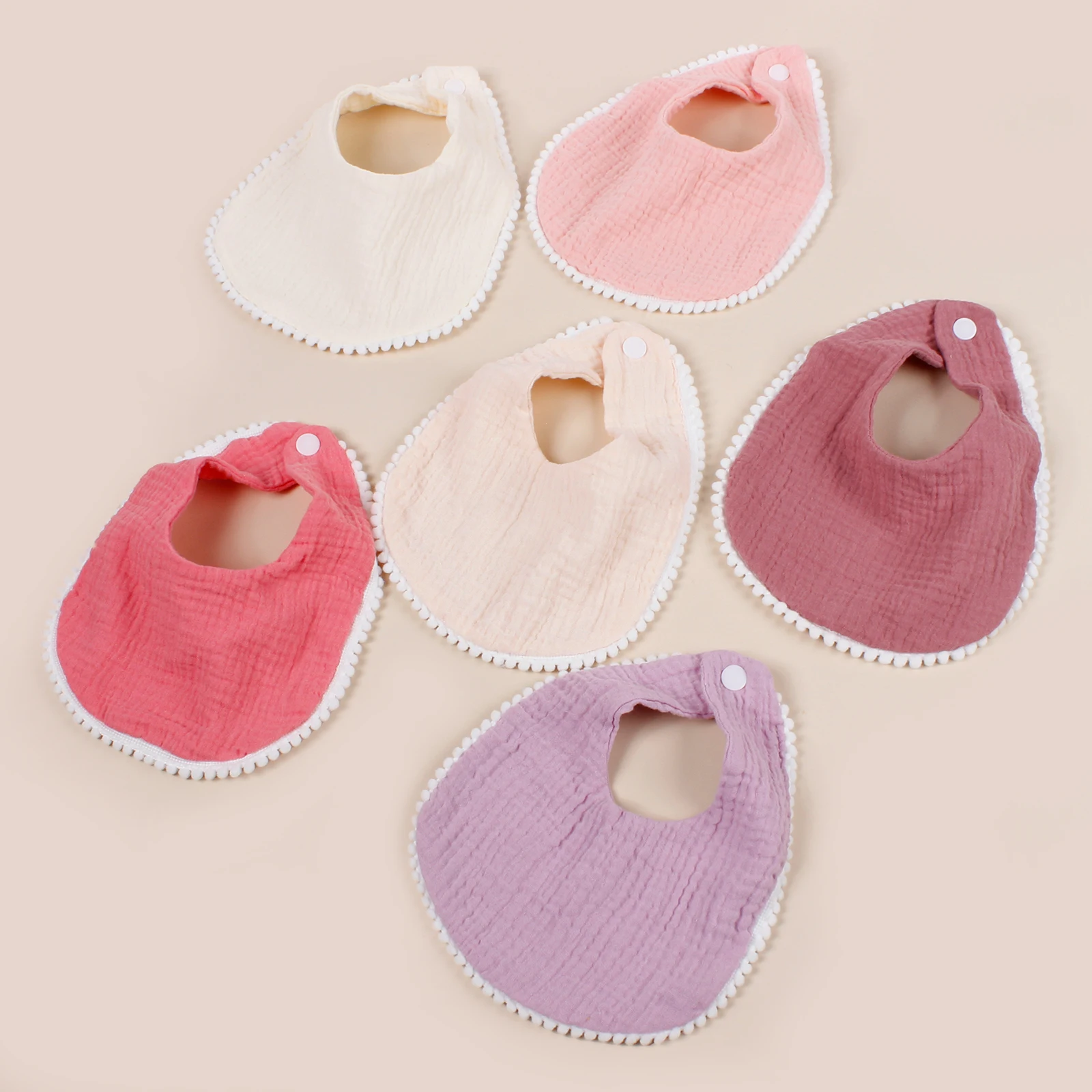 6pcs/Lot Double Layer Cotton Muslin Solid Color Baby Bib Polyester Fabric Lace Dorp Shape Towel With Button