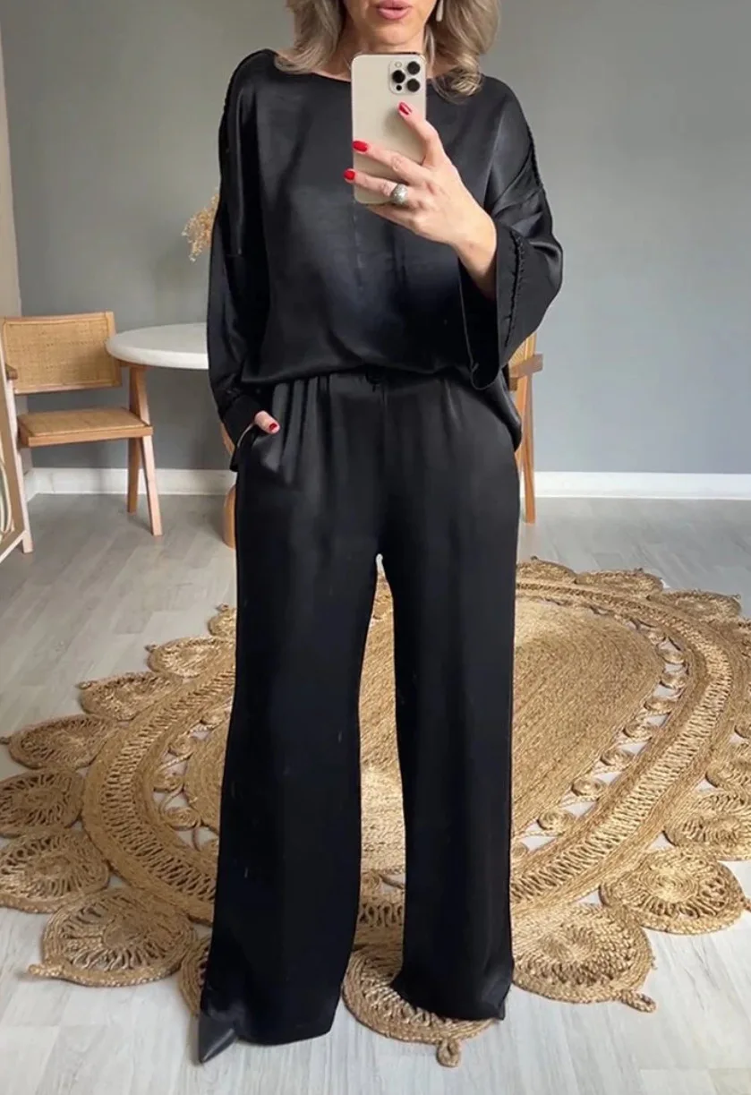 Women\'s Fashion Solid Satin Two Piece Sets New Spring Autumn Long Sleeve BlouseTop And Long Pants Suits Elegant Loose Outfits