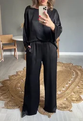 Women's Fashion Solid Satin Two Piece Sets New Spring Autumn Long Sleeve BlouseTop And Long Pants Suits Elegant Loose Outfits