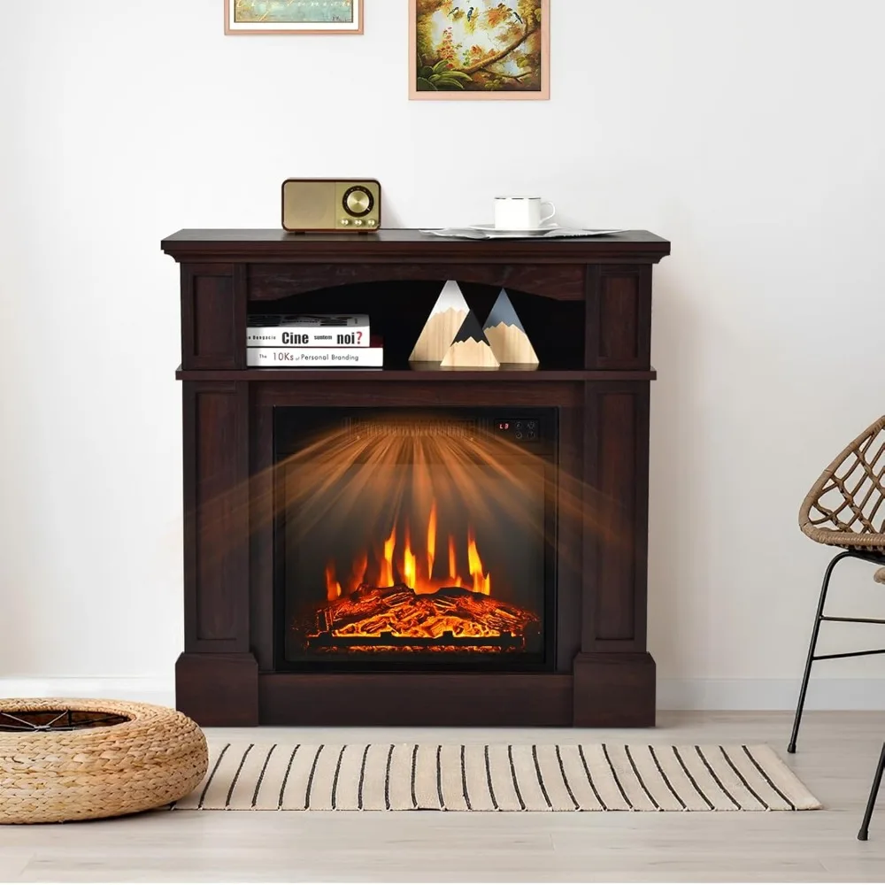 Chimenea eléctrica independiente de 32 pulgadas con repisa, calentador ajustable de 1400 W, control remoto, termostato, temporizador de 6 horas