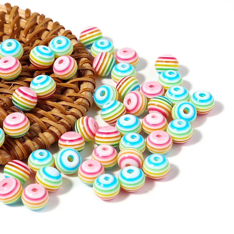 50pcs/lot Resin Round Beads 6/8/10/12mm Rainbow Color Stripe Pattern Loose Spacer Beads For DIY Jewelry Making Bracelet Necklace
