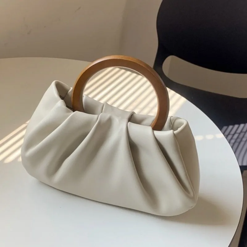 Unique Design New Women's Bag with Wooden Handle, Folded Cloud Handbag, Single Shoulder Crossbody Mini Bag