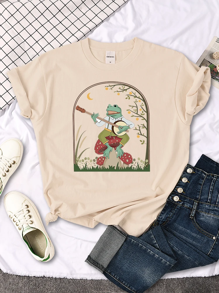 Cottagecore Aesthetic Frog Playing Banjo On Mushroom Cute Vintage Women T Shirt Fashion Soft Tshirt Summer Tee Shirts Casual Top