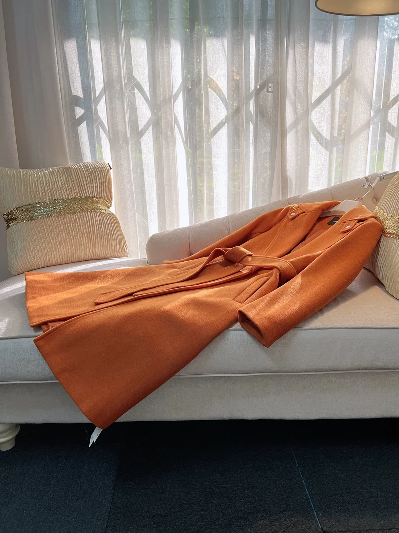 

Retro Ele Orange Woolen Coat Medium Length Belted High-End Feel Autumn Winter Faion Women's Premium Quali Outerwear