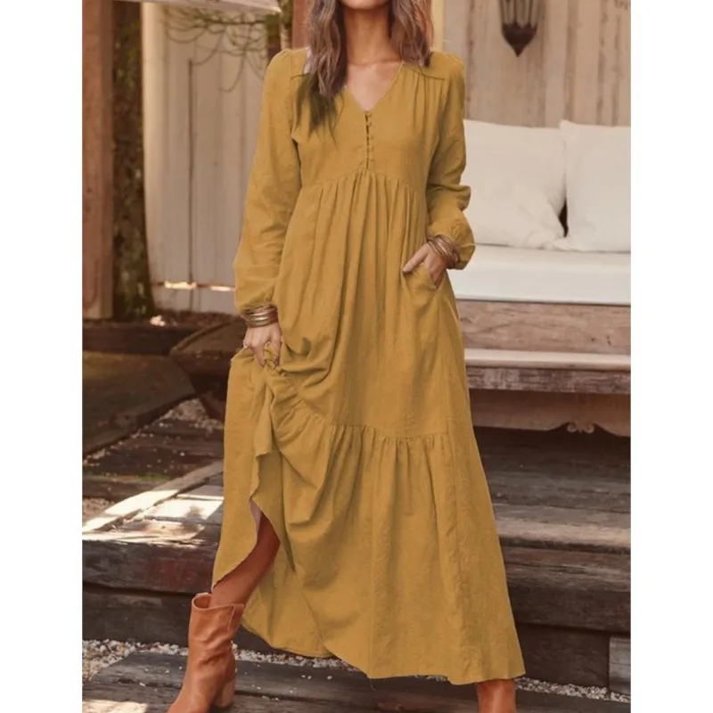 

Elegant Women Maxi Shirt Dress Losse Long Sleeve Vestidos Autumn Vintage Ladies Solid Cotton Dress Fashion Robe