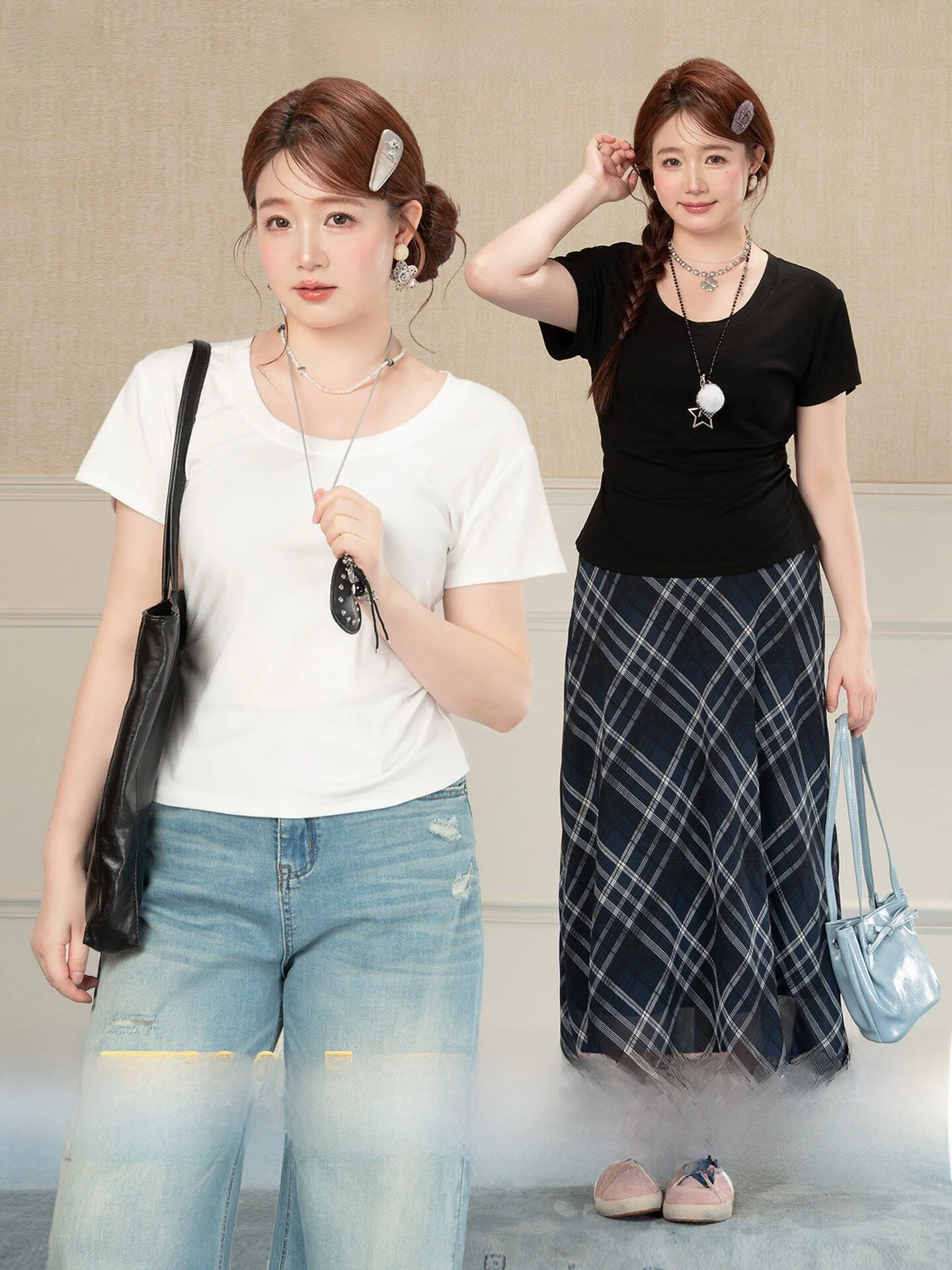 

Heynew plus Size Women's Black round Neck Short Sleeve T-shirt Summer Slimming Lazy Feel Top Korean Style Big Shoulder Design