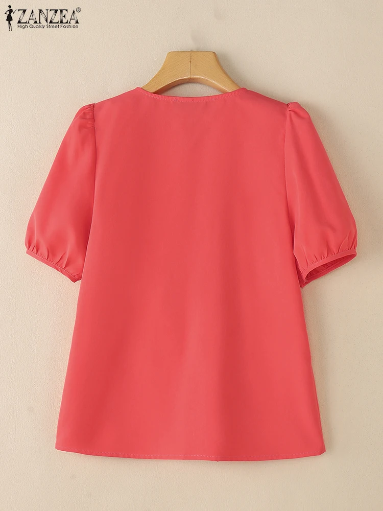 ZANZEA Manica corta a sbuffo Camicette abbottonate Elegante O-Collo Tinta unita Camicie casual Moda coreana Lace Trim Donna Chemise Femme