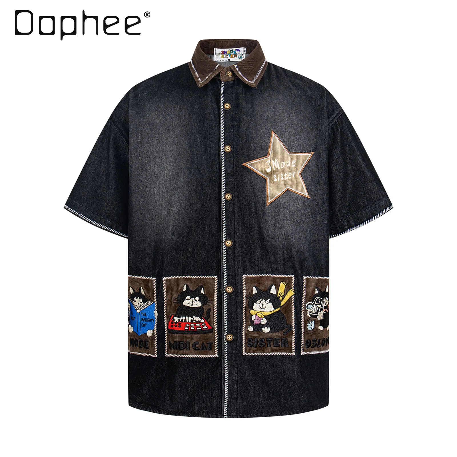 

Американская ретро-рубашка с вышивкой в виде кошки, с коротким рукавом, для мужчин и женщин, парный стиль, летняя свободная повседневная модель, новинка 2026 года