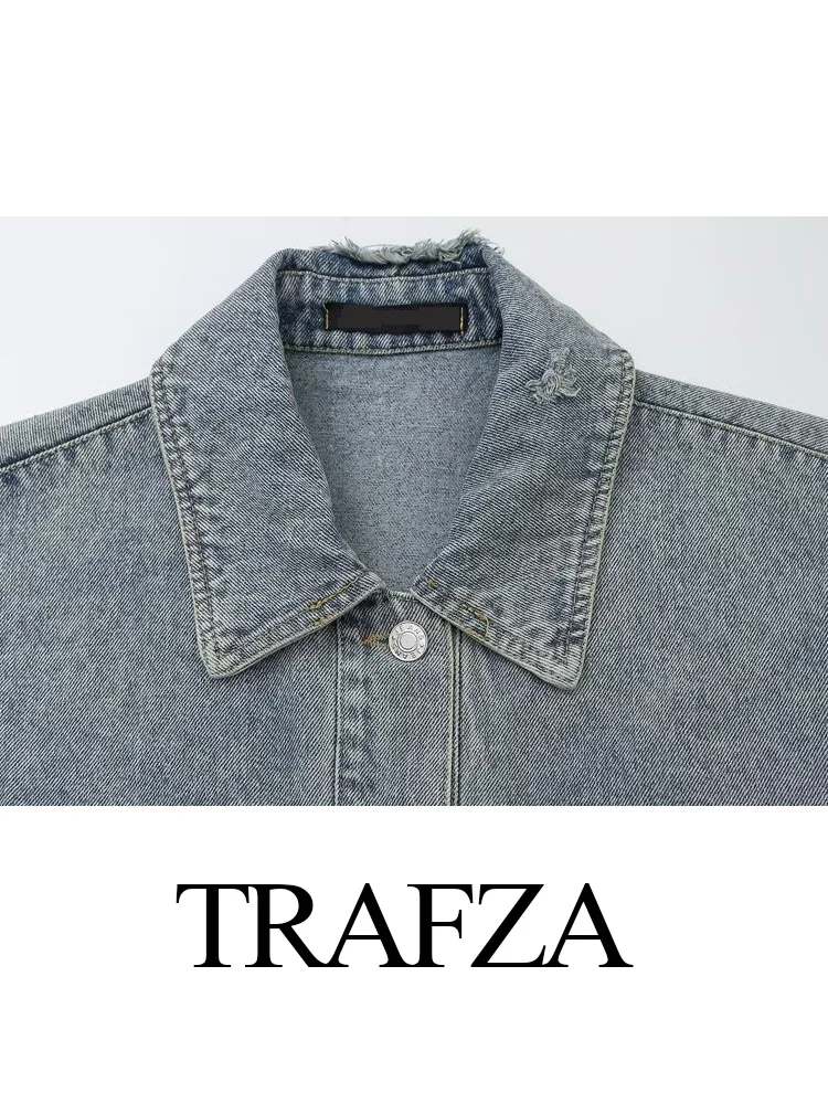 TRAFZA Autumn Women Loose Long Sleeve Solid Pockets Denim Jacket Female Turn-down Collar Single Breasted High Street Jacket