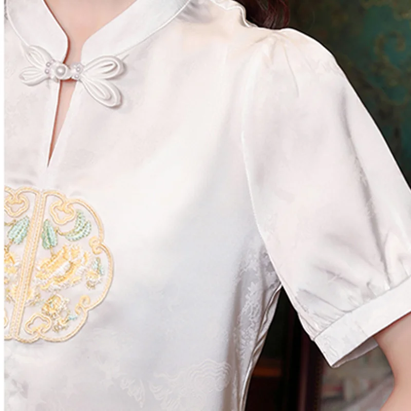 قميص نسائي جمالي فضفاض على الطراز الصيني ، أحادي اللون ، مطبوع ، رقبة على شكل V ، قمم بأكمام قصيرة ، كاجوال ، سيدة ، صيف ، جديد ، مكتب