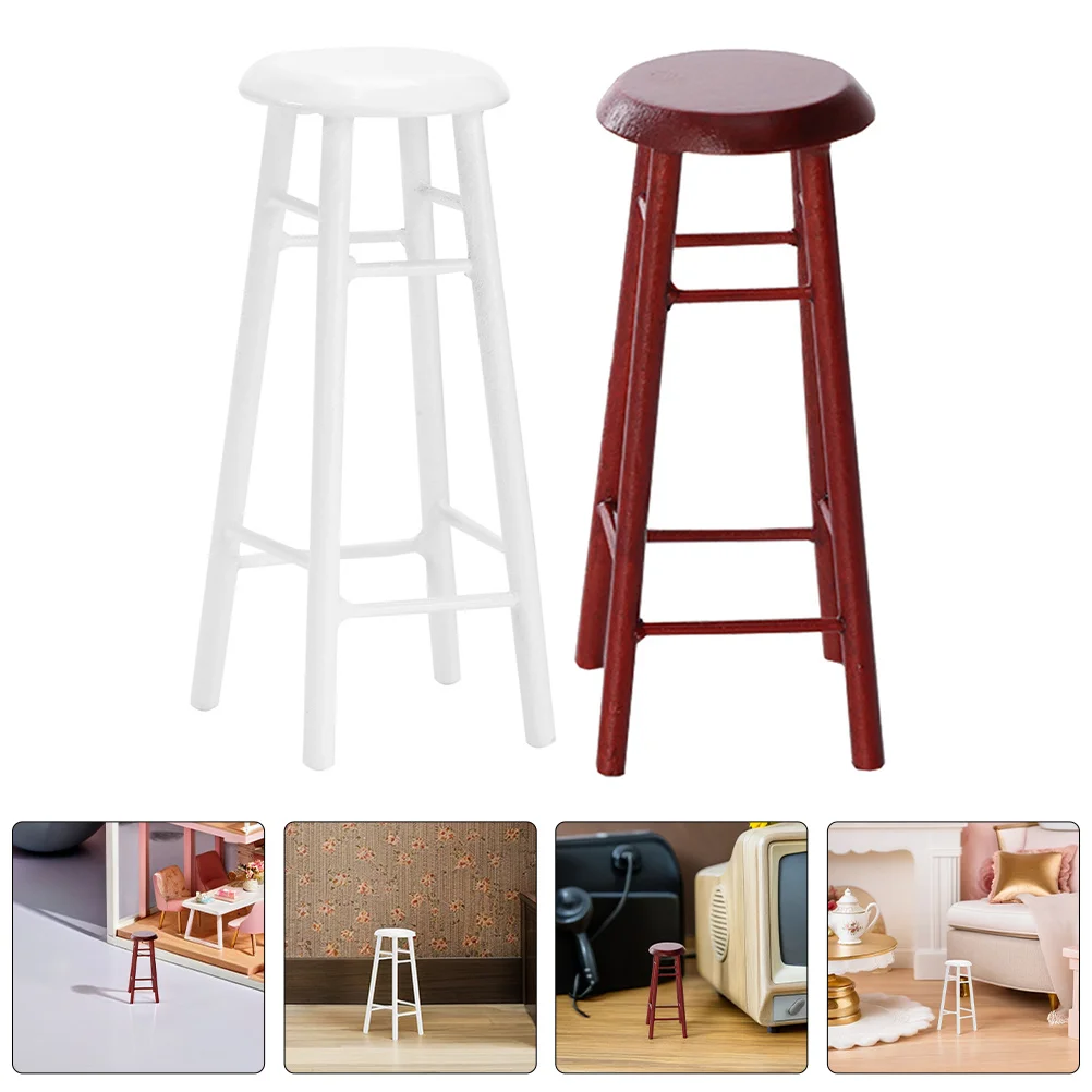 2Pcs Miniature Wood Bar Stool High Stool Simulation Furniture Accessories for Dollhouse Kitchen Scene Decoration
