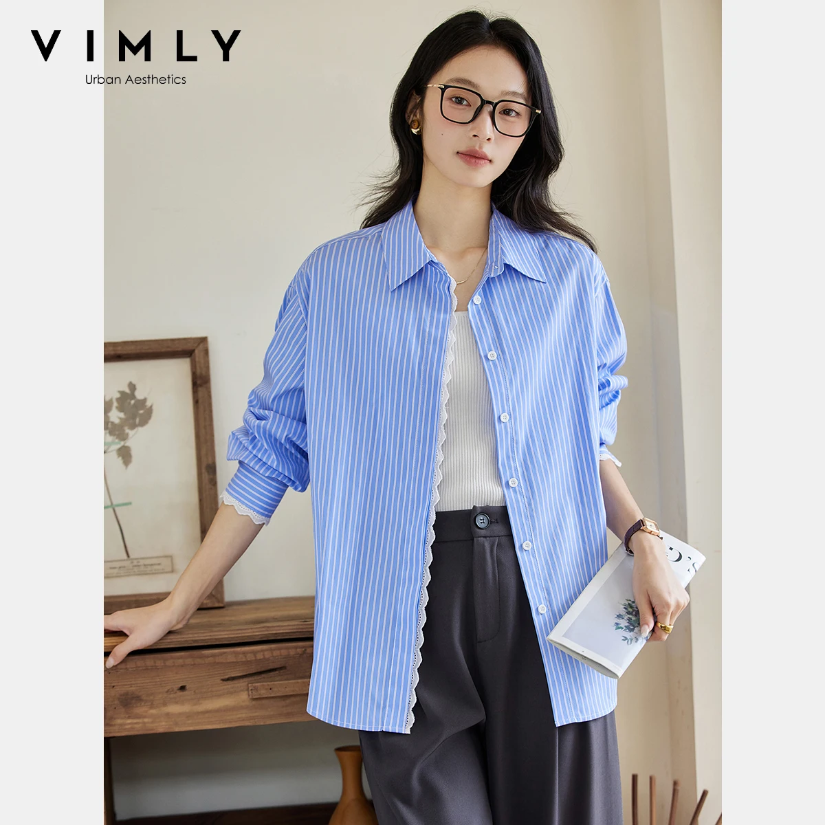 

VIMLY Blue Striped Shirt 2025 Autumn Women Long Sleeve Polo Neck Office Wear Female Blouse Lace Button-up Ladies Shirts A2201