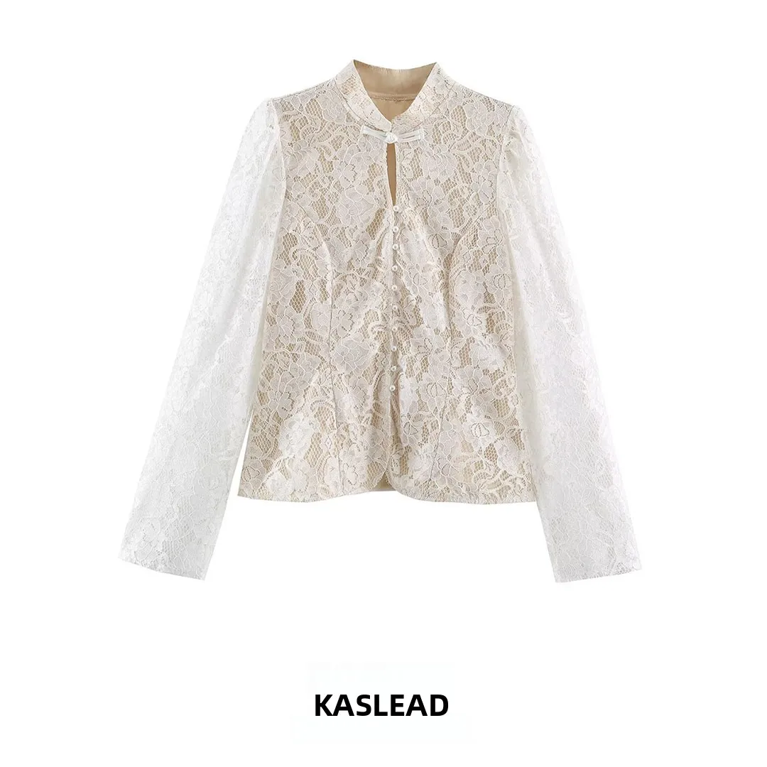 KASLEAD New Women's High-End Versatile Chinese Style Lace Button up Top Long Sleeve Stand Collar Polyester Fiber Short Coat