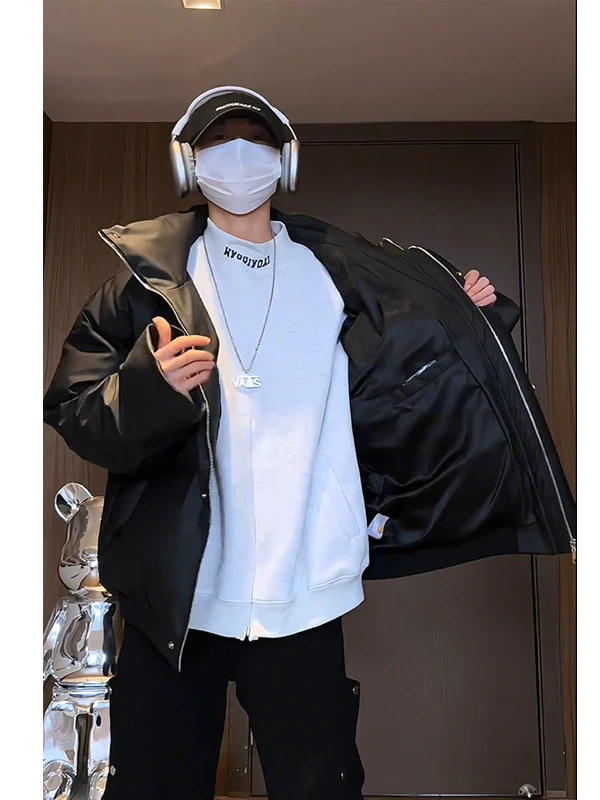 American Sle Winter Thiened Bla из искусственной кожи, хлопковое мужское свободное теплое пуховое хлопковое пальто, модное хлопковое пальто для пар...