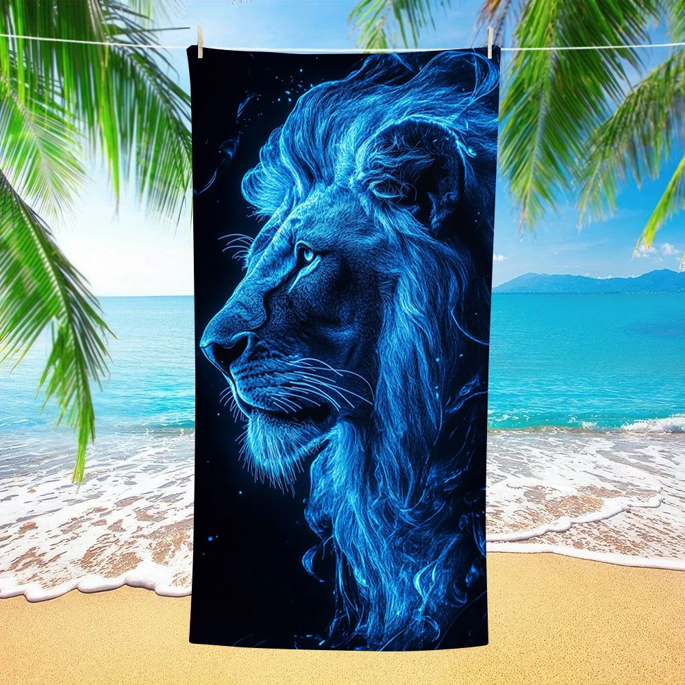 Blue Neon Smoke Lion King Side Face Print Beach Towel Soft Compact Towel for Vacation Camping Swimming and Beach Use