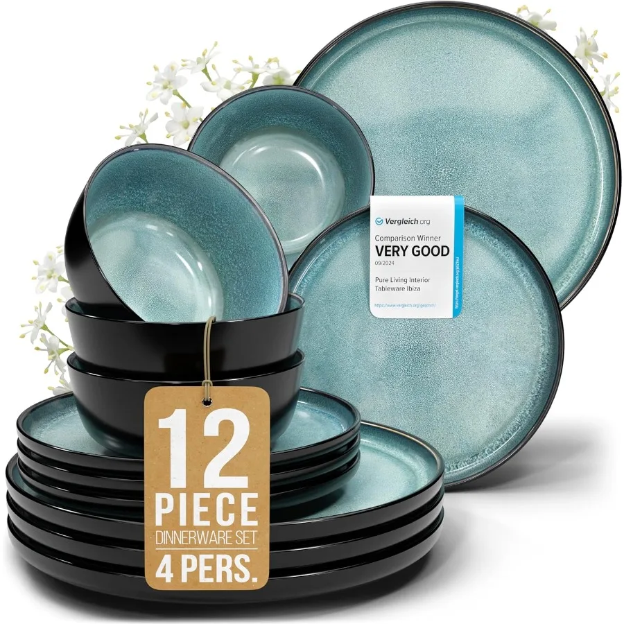 

Modern stoneware dinnerware set for 4 persons with 12 pieces Elegant black and petrol blue ceramic plates and bowls Ideal for e