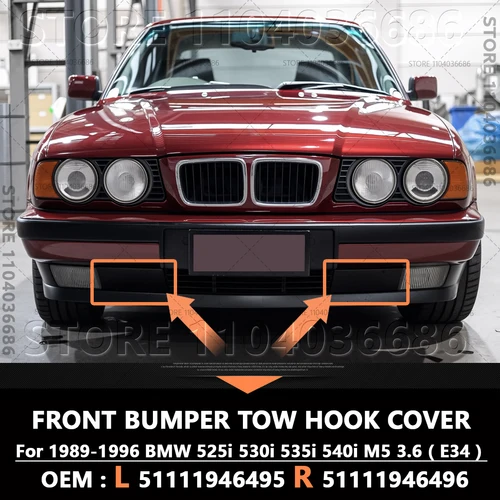 Para 1989-1996 E34 BMW 525i 530i 535i 540i M5 3,6 cubierta de ojo de gancho de remolque de parachoques delantero sin impresión 51111946495 51111946496