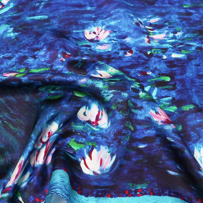 Brand 100% Natural Silk Women Scarf Claude Monet Oil Painting Water Lily Bandana Foulard Female Square Hair Scarves 53*53cm