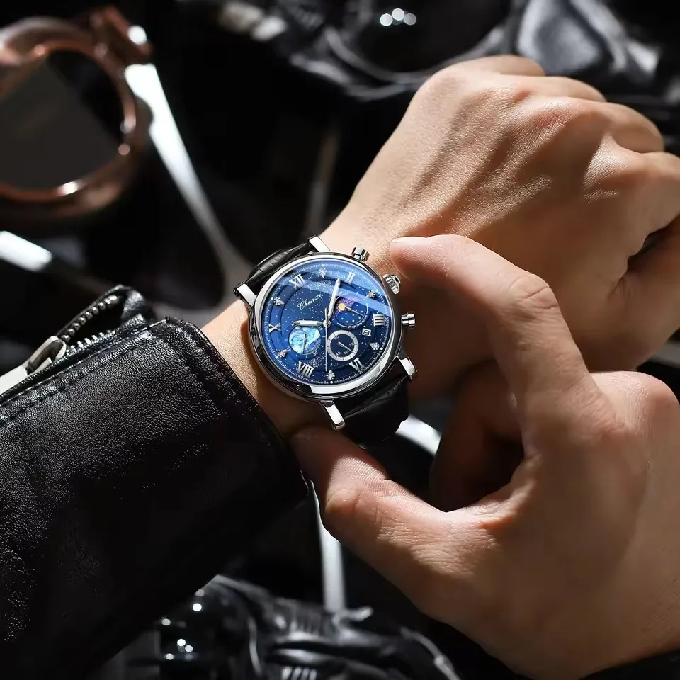 CHENXI 972 Sun Stars Stopwatch Multi-function Fashion Men's Moon Phase Timing Calendar Quartz Watch Clock Man relogios masculino