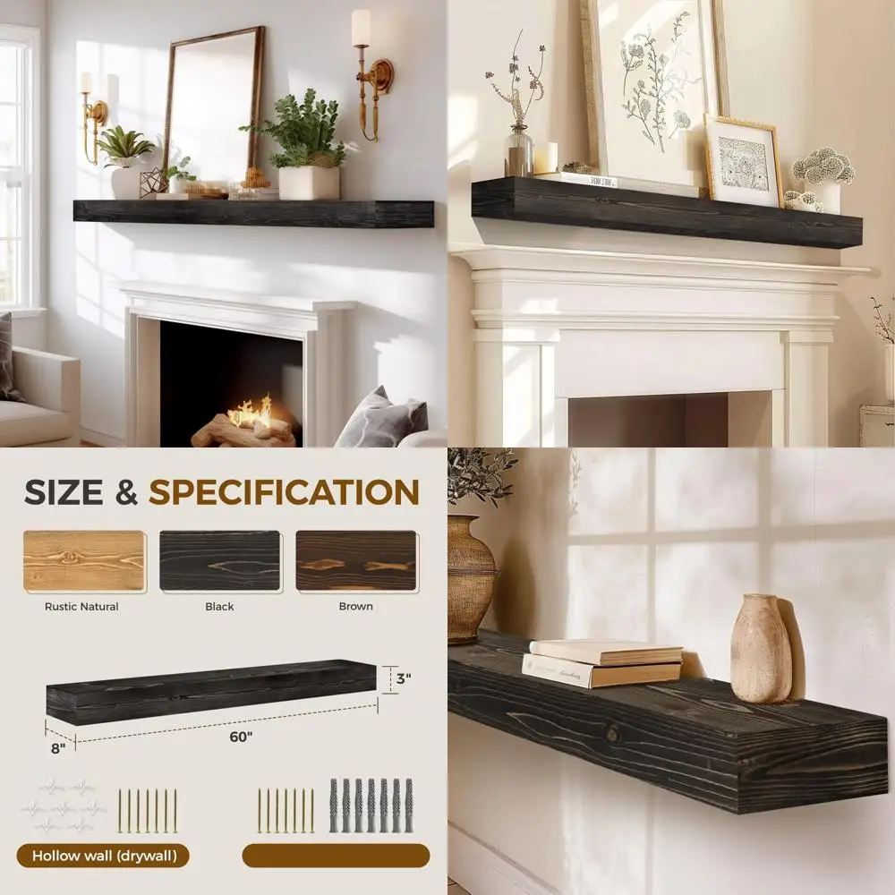 

Fireplace Mantel Handmade, 3'' Thick Wall Decor Long Floating Shelf, 60inch Rustic Wood Shelf with Invisible Brackets, Black