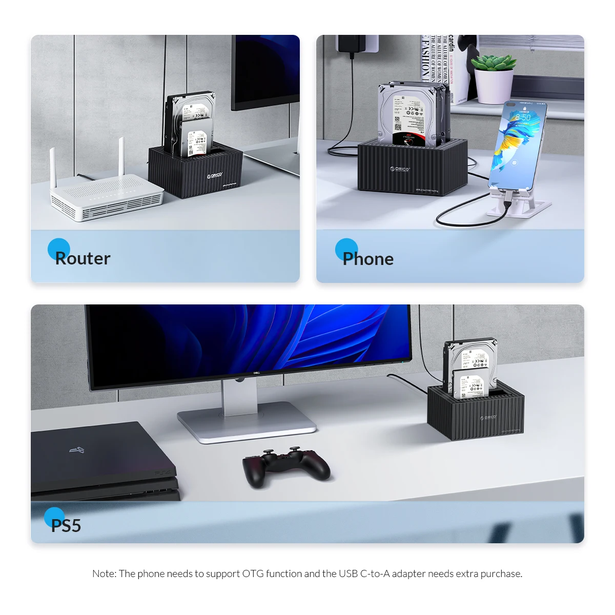 Orico 3,5 Zoll Dual-Bay Typ C 5 Gbit/s Festplatte Docking station für 2.5/3.5 "HDD/SSD mit 12 v3a Power Uasp Container Design – Detail 6
