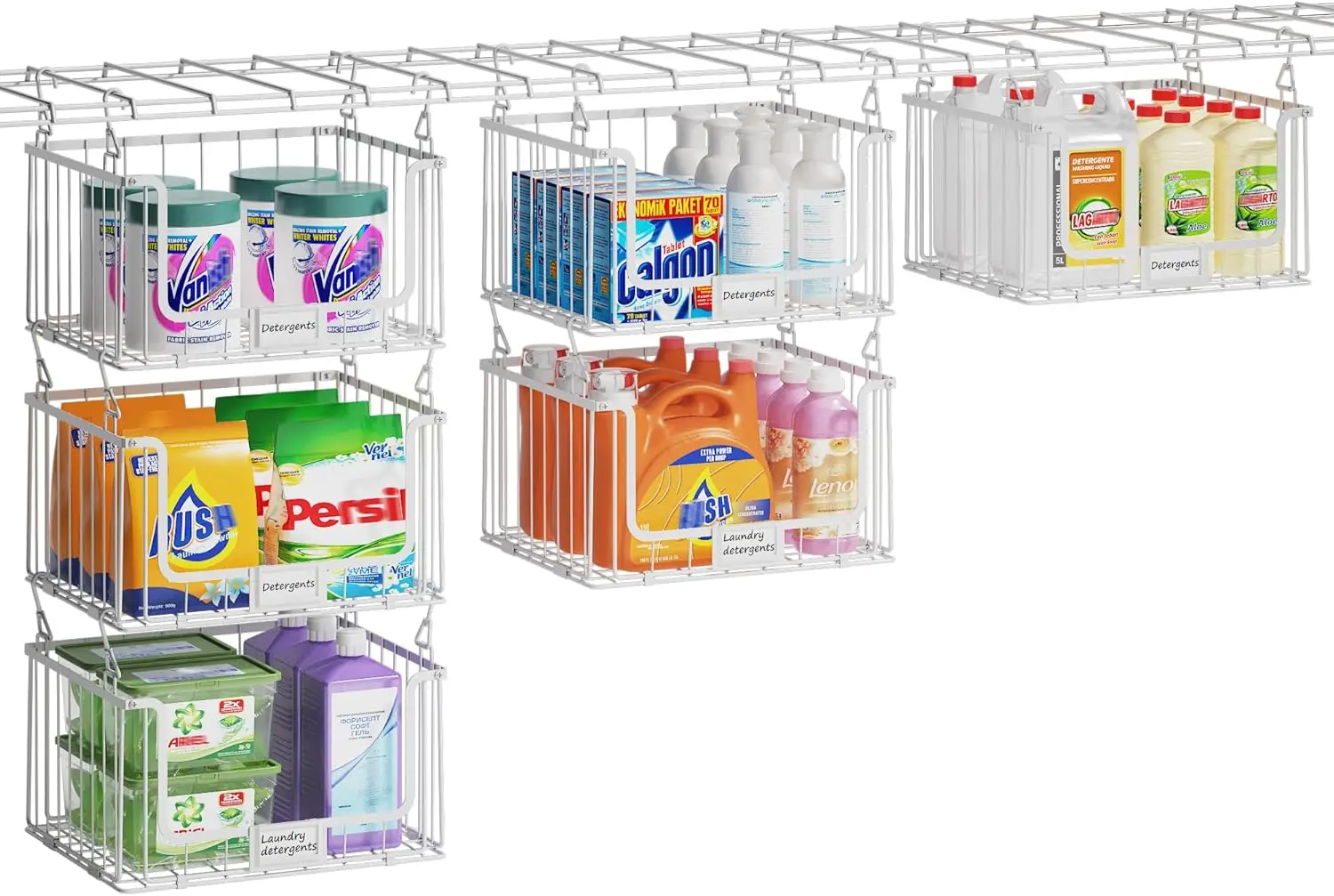 

Набор из 3 складных металлических корзин для белья с вращающимися крючками, штабелируемые для хранения в шкафу и кладовой, белые