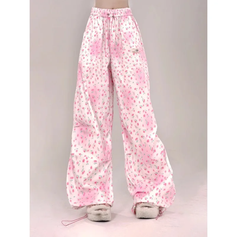 2024 Sweet Wide Leg Pants Loose Women's Summer Pink Flower Y2k High Street Trand Full Pants Casual Cargo Floor Length Pant